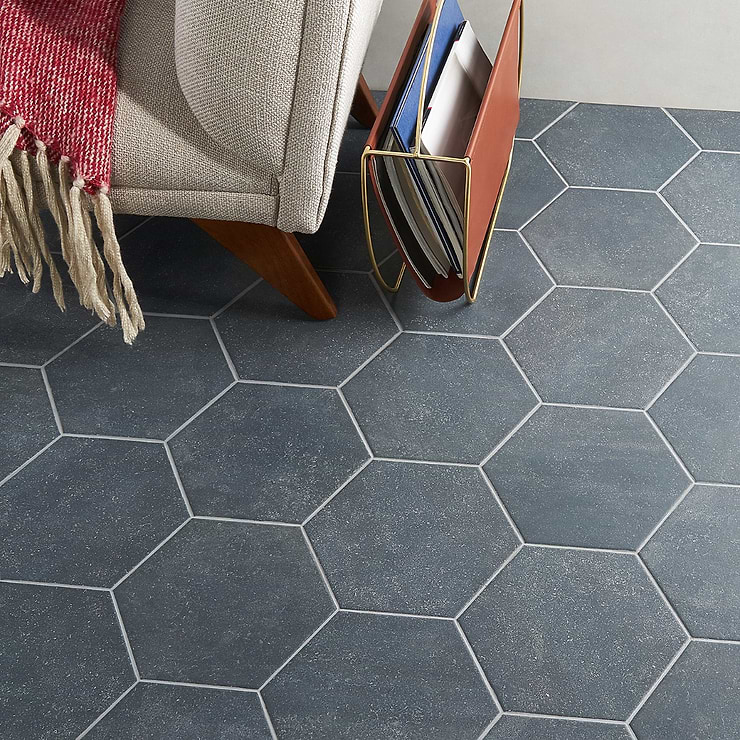 Texstone Antracita Dark Gray 9" Hexagon Matte Porcelain Tile; in Dark Gray Porcelain; for Backsplash, Floor Tile, Kitchen Floor, Kitchen Wall, Wall Tile, Bathroom Floor, Bathroom Wall, Shower Wall, Shower Floor, Outdoor Wall, Pool Tile; in Style Ideas Classic, Craftsman, Industrial, Modern, Rustic
