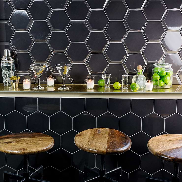 Exagoni Puro Dark Gray 6x7 Hexagon Polished Ceramic Tile; in Dark Gray Ceramic; for Backsplash, Kitchen Wall, Wall Tile, Bathroom Wall, Shower Wall; in Style Ideas Art Deco, Contemporary, Industrial, Mid Century, Modern, Transitional