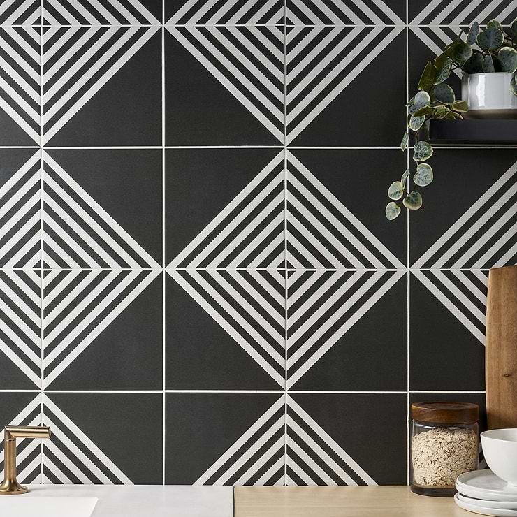 B2W Black & White Stripe Negative 8x8 Matte Porcelain Tile; in Black and White Porcelain; for Backsplash, Floor Tile, Kitchen Floor, Kitchen Wall, Wall Tile, Bathroom Floor, Bathroom Wall, Shower Wall, Outdoor Floor, Outdoor Wall; in Style Ideas Art Deco, Contemporary, Mid Century, Modern, Transitional; released 2023; new, trends