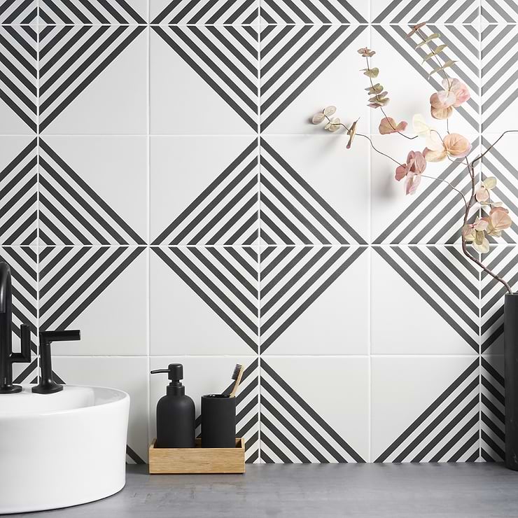 B2W Black & White Stripe Positive 8x8 Matte Porcelain Tile; in Black and White Porcelain; for Backsplash, Floor Tile, Kitchen Floor, Kitchen Wall, Wall Tile, Bathroom Floor, Bathroom Wall, Shower Wall, Outdoor Floor, Outdoor Wall; in Style Ideas Art Deco, Contemporary, Mid Century, Modern, Transitional; released 2023; new, trends