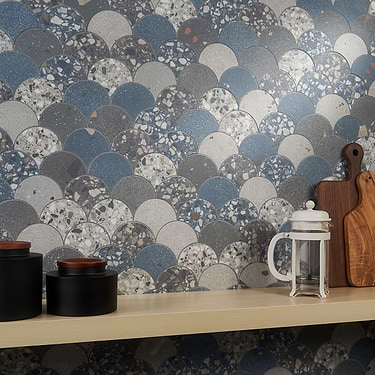 Kobe Fishscale Cool Blue Mix 4" Terrazzo Look Matte Porcelain Mosaic Tile