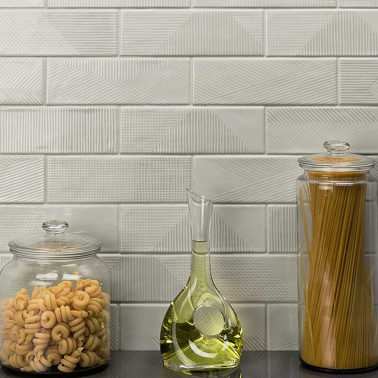 Enigma Light Gray 2x8 Textured Polished Ceramic Subway Tile; in Light Gray White Body Ceramic; for Backsplash, Kitchen Wall, Wall Tile, Bathroom Wall, Shower Wall; in Style Ideas Beach, Classic, Craftsman, Contemporary, Cottage, Farmhouse, Industrial, Mid Century, Modern, Traditional, Transitional