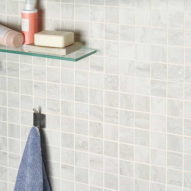 Basic Travertine Cotton White 2x2 Matte Porcelain Mosaic; in White + Beige & Cream Porcelain; for Backsplash, Floor Tile, Kitchen Floor, Kitchen Wall, Wall Tile, Bathroom Floor, Bathroom Wall, Shower Wall, Shower Floor, Outdoor Wall, Commercial Floor, Pool Tile; in Style Ideas Classic, Contemporary, Craftsman, Industrial, Modern, Transitional