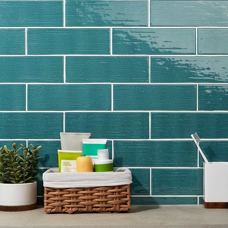 Kiln Teal Green 3x9 Polished Porcelain Subway Tile; in Green Porcelain; for Backsplash, Kitchen Wall, Wall Tile, Bathroom Wall, Shower Wall, Outdoor Wall, Pool Tile; in Style Ideas Classic, Contemporary, Craftsman, Mediterranean, Mid Century, Modern, Transitional; released 2023; new, trends
