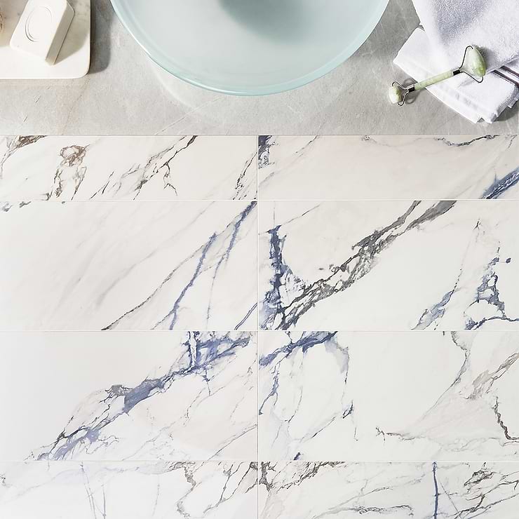 Calacatta Azur White 12x24 Polished Porcelain Tile; in White + Gray + Blue Porcelain ; for Backsplash, Floor Tile, Kitchen Floor, Kitchen Wall, Wall Tile, Bathroom Floor, Bathroom Wall, Shower Wall, Outdoor Wall, Commercial Floor; in Style Ideas Beach, Classic, Contemporary, Mediterranean, Modern, Transitional