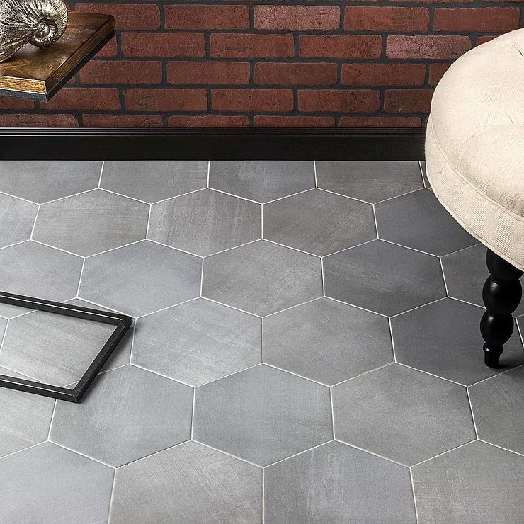 Paige Grigio Gray 10" Hexagon Matte Porcelain Tile; in Gray Porcelain; for Backsplash, Floor Tile, Kitchen Floor, Kitchen Wall, Wall Tile, Bathroom Floor, Bathroom Wall, Shower Wall, Shower Floor, Commercial Floor; in Style Ideas Craftsman, Industrial, Mid Century, Modern