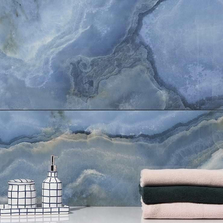 Jewel Onyx Blue 24x48 Polished Porcelain Tile; in Blue Porcelain; for Backsplash, Floor Tile, Kitchen Floor, Kitchen Wall, Wall Tile, Bathroom Floor, Bathroom Wall, Shower Wall; in Style Ideas Beach, Classic, Contemporary, Mediterranean, Modern, Transitional, Tropical; released 2023; new, trends