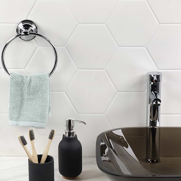 Exagoni Puro White 6x7 Hexagon Matte Ceramic Tile; in White Ceramic; for Backsplash, Kitchen Wall, Wall Tile, Bathroom Wall, Shower Wall; in Style Ideas Contemporary, Industrial, Modern, Transitional