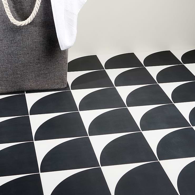 Maddox Deco Charcoal Black 8x8 Matte Porcelain Tile by Stacy Garcia; in White + Charcoal Porcelain ; for Backsplash, Floor Tile, Kitchen Floor, Kitchen Wall, Wall Tile, Bathroom Floor, Bathroom Wall, Shower Wall, Shower Floor, Outdoor Floor, Outdoor Wall, Commercial Floor; in Style Ideas Contemporary, Mid Century, Modern