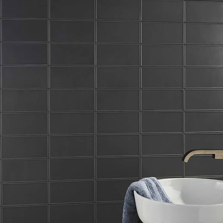 Maddox Frame Charcoal Black 4x8 Matte Ceramic Subway Tile by Stacy Garcia; in Black  Ceramic ; for Backsplash, Bathroom Wall, Kitchen Wall, Outdoor Wall, Shower Wall, Wall Tile; in Style Ideas Classic, Contemporary, Farmhouse, Industrial, Modern, Traditional, Transitional