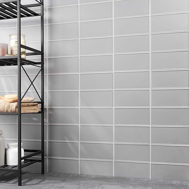 Maddox Frame Cool Gray 4X8 Matte Ceramic Subway Tile by Stacy Garcia; in Cool Gray Ceramic ; for Backsplash, Kitchen Wall, Wall Tile, Bathroom Wall, Shower Wall, Outdoor Wall; in Style Ideas Classic, Farmhouse, Industrial, Modern, Traditional, Transitional