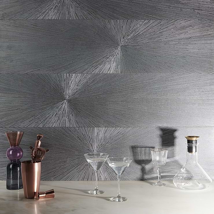 Twilight Star Steel Gray 12X48 Metal Look Glazed Porcelain Tile; in Dark Gray Porcelain; for Backsplash, Kitchen Wall, Wall Tile, Bathroom Wall, Shower Wall; in Style Ideas Art Deco, Cottage, Craftsman, Industrial, Mid Century