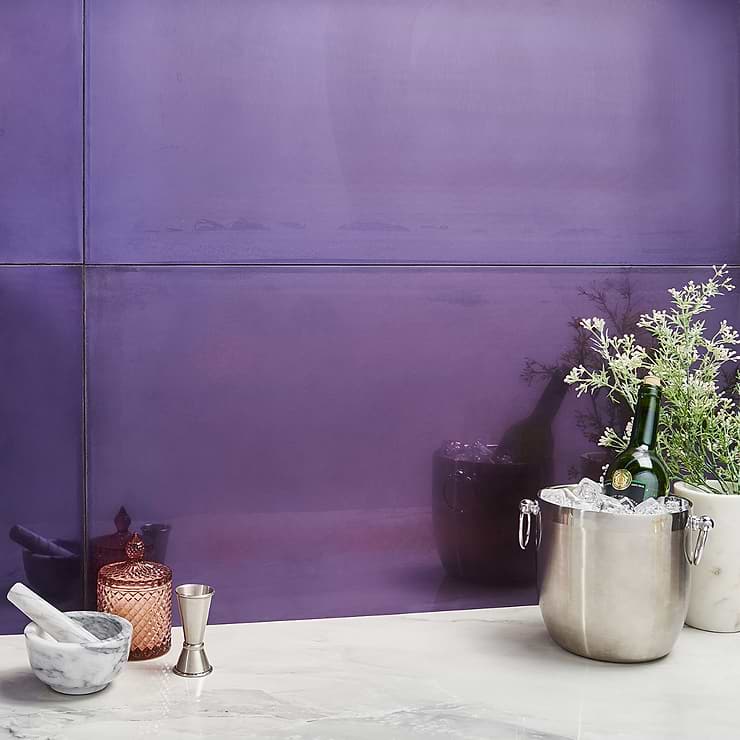 Amulet Mist Aubergine Purple 18x36 Metal Laminated Polished Porcelain Tile; in Purple Porcelain; for Backsplash, Kitchen Wall, Wall Tile, Bathroom Wall, Shower Wall, Outdoor Wall; in Style Ideas Art Deco, Contemporary, Industrial, Mid Century, Modern, Transitional, Whimsical; released 2023; new, trends