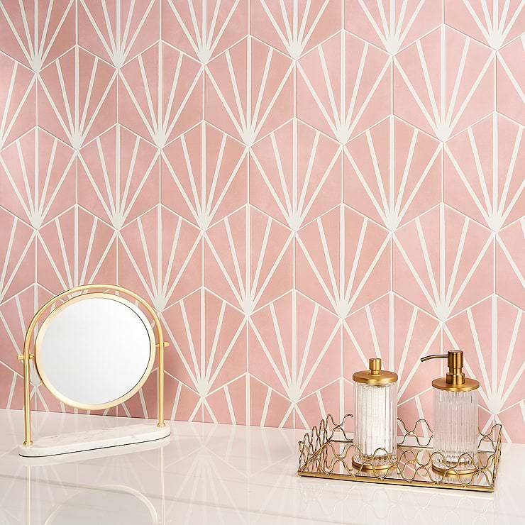 HexArt Deco Rose Pink 8" Hexagon Matte Porcelain Tile; in Pale Rose + White  Porcelain ; for Backsplash, Floor Tile, Kitchen Floor, Kitchen Wall, Wall Tile, Bathroom Floor, Bathroom Wall, Shower Wall, Shower Floor, Outdoor Floor, Outdoor Wall, Commercial Floor; in Style Ideas Mid Century, Modern, Transitional, Whimsical