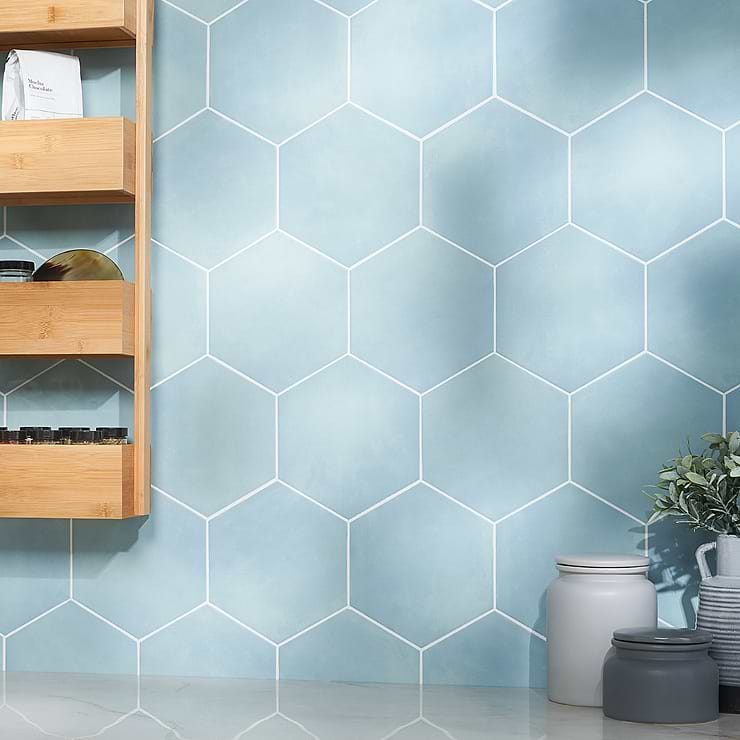 HexArt Turquoise 8" Hexagon Matte Porcelain Tile; in Turquoise + Green  + Blue Porcelain; for Backsplash, Floor Tile, Kitchen Floor, Kitchen Wall, Wall Tile, Bathroom Floor, Bathroom Wall, Shower Wall, Outdoor Wall, Commercial Floor; in Style Ideas Mid Century, Modern, Transitional, Whimsical