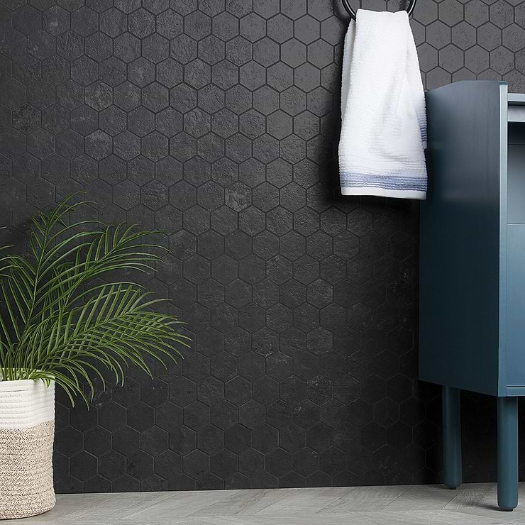 Portrait Black 2" Hexagon Matte Porcelain Mosaic; in Black Porcelain; for Backsplash, Floor Tile, Kitchen Floor, Kitchen Wall, Wall Tile, Bathroom Floor, Bathroom Wall, Shower Wall, Shower Floor, Outdoor Floor, Outdoor Wall, Commercial Floor, Pool Tile; in Style Ideas Contemporary, Industrial, Modern, Traditional, Transitional; released 2023; new, trends