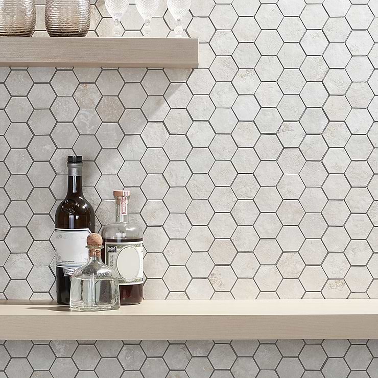 Portrait Ivory Beige 2" Hexagon Matte Porcelain Mosaic; in Beige Porcelain; for Backsplash, Floor Tile, Kitchen Floor, Kitchen Wall, Wall Tile, Bathroom Floor, Bathroom Wall, Shower Wall, Shower Floor, Outdoor Floor, Outdoor Wall, Commercial Floor, Pool Tile; in Style Ideas Contemporary, Industrial, Modern, Traditional, Transitional; released 2023; new, trends