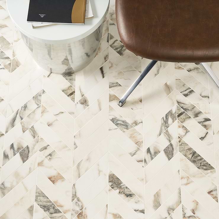 DreamStone Calacatta Rustico 2x8 Chevron Polished Porcelain Mosaic