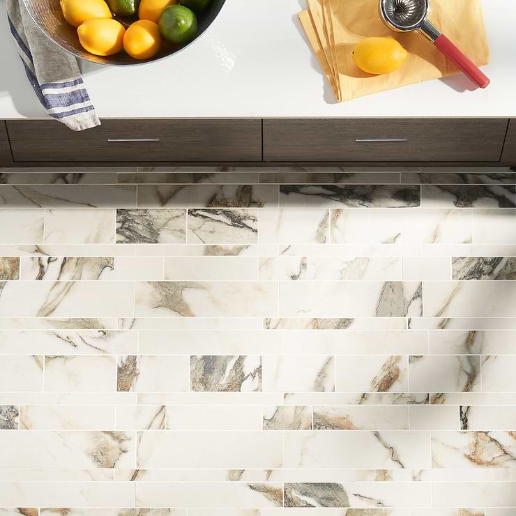 DreamStone Calacatta Rustico Railroad Polished Porcelain Mosaic