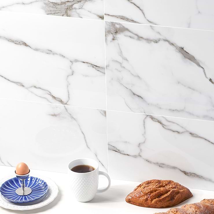 DreamStone Statuario Valley White 12x24 Polished Porcelain Tile; in White with Gray Brown Veining Porcelain; for Backsplash, Floor Tile, Kitchen Floor, Kitchen Wall, Wall Tile, Bathroom Floor, Bathroom Wall, Shower Wall, Outdoor Floor, Outdoor Wall, Commercial Floor; in Style Ideas Classic, Contemporary, Modern, Traditional, Transitional