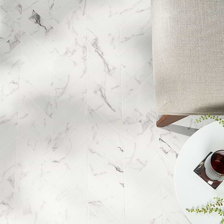 DreamStone Statuario Venato 2x8 Chevron Polished Porcelain Mosaic