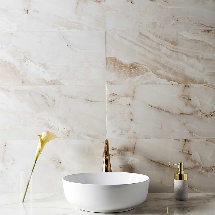 Basic Marble Onyx Beige 12x24 Polished Porcelain Tile; in Light Beige with veining Porcelain ; for Backsplash, Floor Tile, Kitchen Floor, Kitchen Wall, Wall Tile, Bathroom Floor, Bathroom Wall, Shower Wall, Commercial Floor; in Style Ideas Art Deco, Classic, Contemporary, Modern, Traditional, Transitional