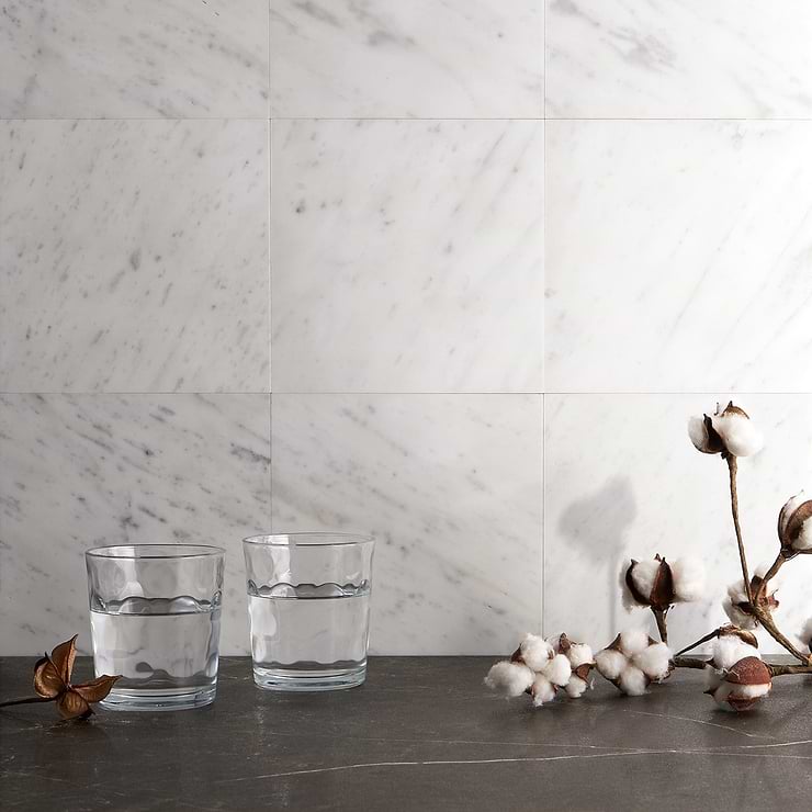 Barcode Liso Carrara White 8x8 Textured Honed Marble Tile by Michael Habachy; in White Carrara; for Backsplash, Floor Tile, Kitchen Floor, Kitchen Wall, Wall Tile, Bathroom Floor, Bathroom Wall, Shower Wall, Outdoor Wall, Commercial Floor; in Style Ideas Craftsman, Mid Century, Modern