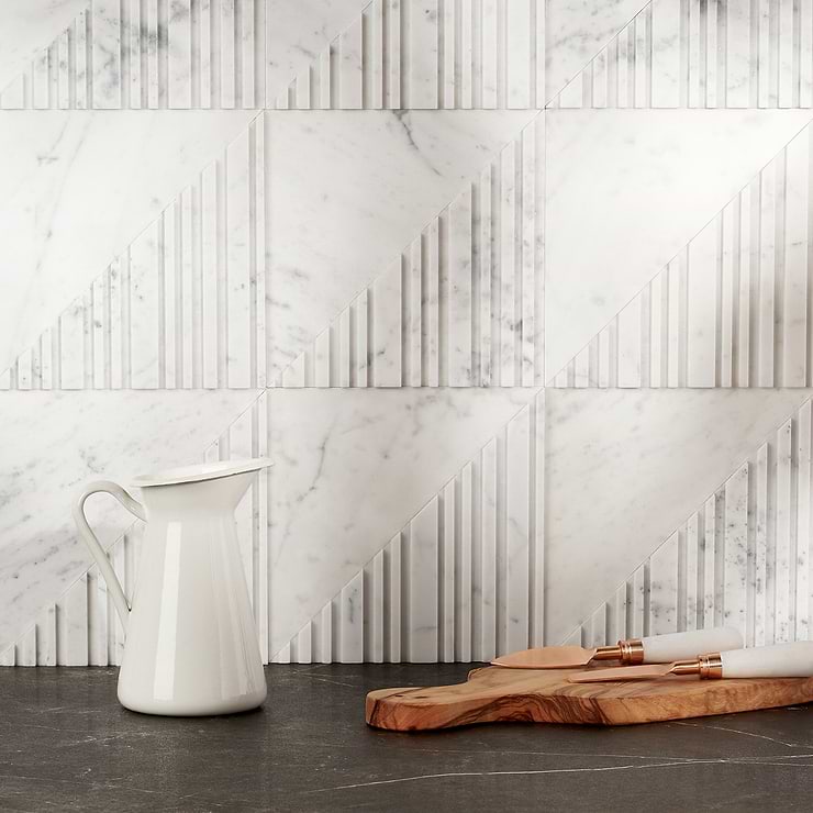 Barcode by Michael Habachy Medio Carrara White 8x8 Textured 3D Honed Marble Tile