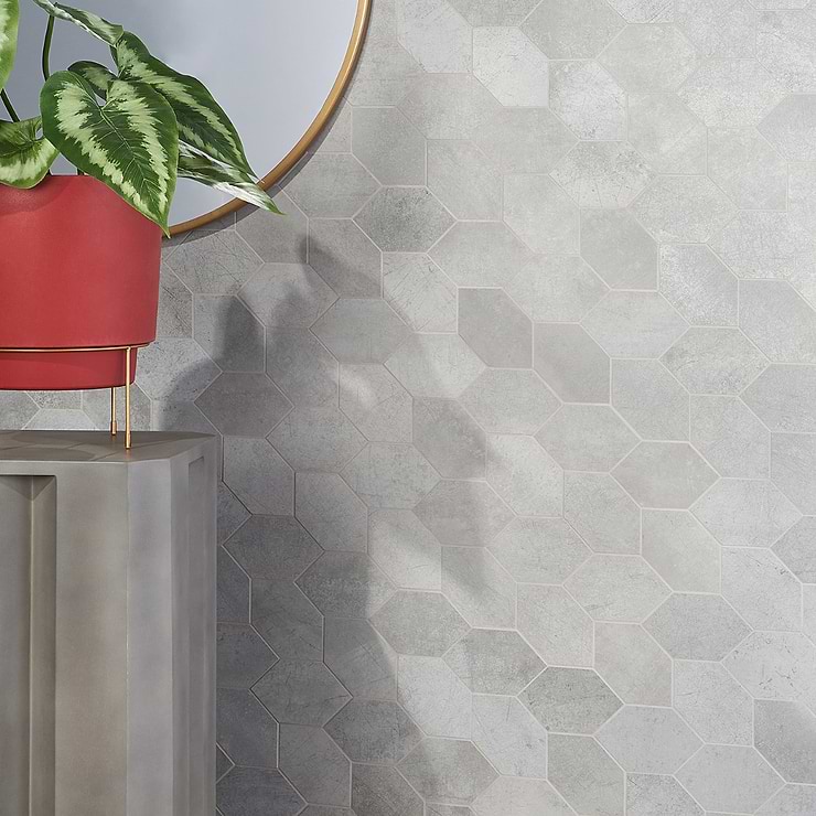 Bond Nimbus Silver Foliage Hexagon Matte Porcelain Mosaic; in Silver Porcelain; for Backsplash, Floor Tile, Kitchen Floor, Kitchen Wall, Wall Tile, Bathroom Floor, Bathroom Wall, Shower Wall, Shower Floor, Outdoor Floor, Outdoor Wall, Commercial Floor, Pool Tile; in Style Ideas Classic, Contemporary, Industrial, Mid Century, Modern, Traditional, Transitional