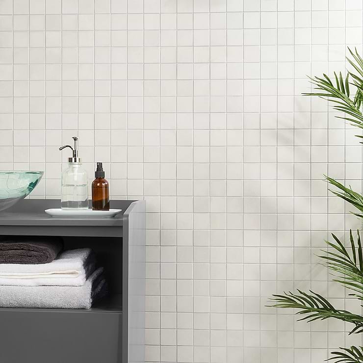 Clay Calm White 2x2 Matte Porcelain Mosaic; in White Porcelain; for Backsplash, Floor Tile, Kitchen Floor, Kitchen Wall, Wall Tile, Bathroom Floor, Bathroom Wall, Shower Wall, Shower Floor, Commercial Floor; in Style Ideas Contemporary, Industrial, Mid Century, Modern, Transitional; released 2023; new, trends