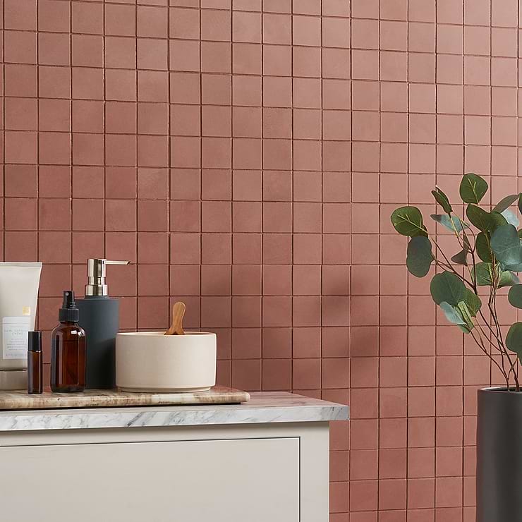 Clay Grace Red 2x2 Matte Porcelain Mosaic; in Red Porcelain; for Backsplash, Floor Tile, Kitchen Floor, Kitchen Wall, Wall Tile, Bathroom Floor, Bathroom Wall, Shower Wall, Shower Floor, Commercial Floor; in Style Ideas Contemporary, Industrial, Mid Century, Modern, Traditional, Transitional; released 2023; new, trends