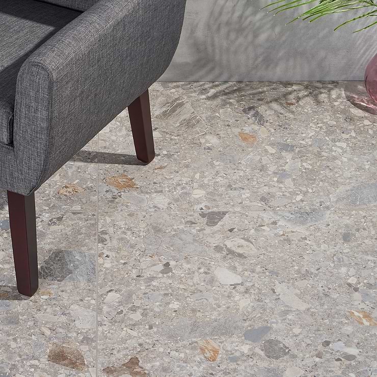Rizo Earth Gray 24x48 Terrazzo Look Matte Porcelain Tile; in Gray  Porcelain; for Backsplash, Floor Tile, Kitchen Floor, Kitchen Wall, Wall Tile, Bathroom Floor, Bathroom Wall, Shower Wall, Shower Floor, Outdoor Floor, Outdoor Wall, Commercial Floor, Pool Tile; in Style Ideas Craftsman, Industrial, Modern, Rustic