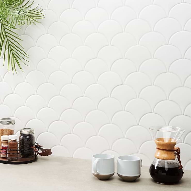 Highwater Blanco White 2x5 Fishscale Matte Ceramic Tile; in White  Ceramic; for Backsplash, Kitchen Wall, Wall Tile, Bathroom Wall, Shower Wall; in Style Ideas Beach, Farmhouse, Mid Century; released 2023; new, trends