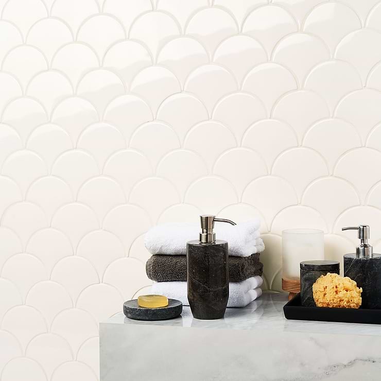Highwater Rice White 2x5 Fishscale Polished Ceramic Tile; in White  Ceramic; for Backsplash, Bathroom Wall, Shower Wall; in Style Ideas Beach, Farmhouse, Mid Century; released 2024; new, trends