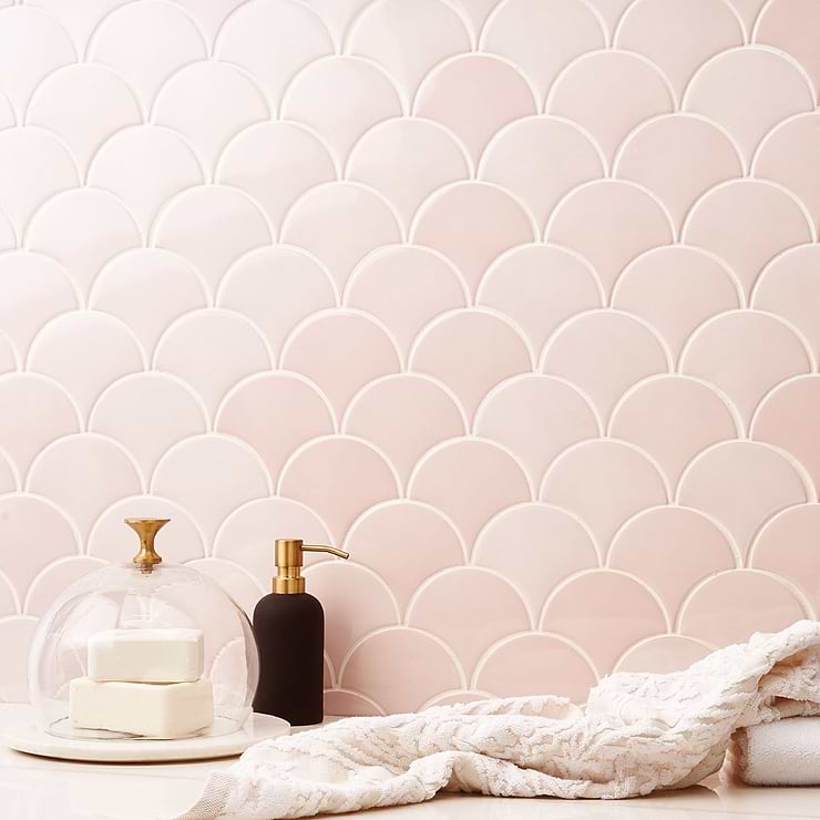 Highwater Rose Pink 2x5 Fishscale Polished Ceramic Tile; in Pink Ceramic; for Backsplash, Kitchen Wall, Wall Tile, Bathroom Wall, Shower Wall; in Style Ideas Beach, Farmhouse, Mid Century; released 2023; new, trends