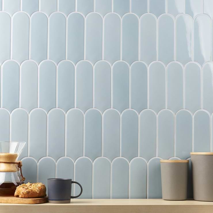 Parry Blue 3x8 Fishscale Glossy Ceramic Tile; in Blue Ceramic; for Backsplash, Kitchen Wall, Wall Tile, Bathroom Wall, Shower Wall; in Style Ideas Art Deco, Contemporary, Mid Century, Mediterranean, Transitional; released 2023; new, trends