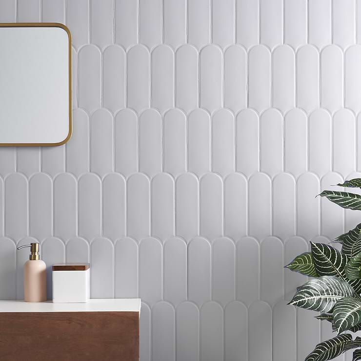 Parry Mist Gray 3x8 Fishscale Matte Ceramic Tile; in Gray  Ceramic; for Backsplash, Kitchen Wall, Wall Tile, Bathroom Wall, Shower Wall; in Style Ideas Art Deco, Contemporary, Mediterranean, Mid Century, Transitional; released 2023; new, trends
