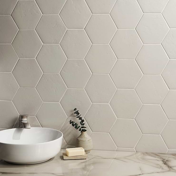 Cavallo Swiss Beige 7" Hexagon Glazed Porcelain Tile; in Bone White Extruded Porcelain; for Backsplash, Floor Tile, Kitchen Floor, Kitchen Wall, Wall Tile, Bathroom Floor, Bathroom Wall, Shower Wall, Shower Floor, Outdoor Floor, Outdoor Wall, Commercial Floor, Pool Tile; in Style Ideas Cottage, Craftsman, Farmhouse, Mid Century, Transitional