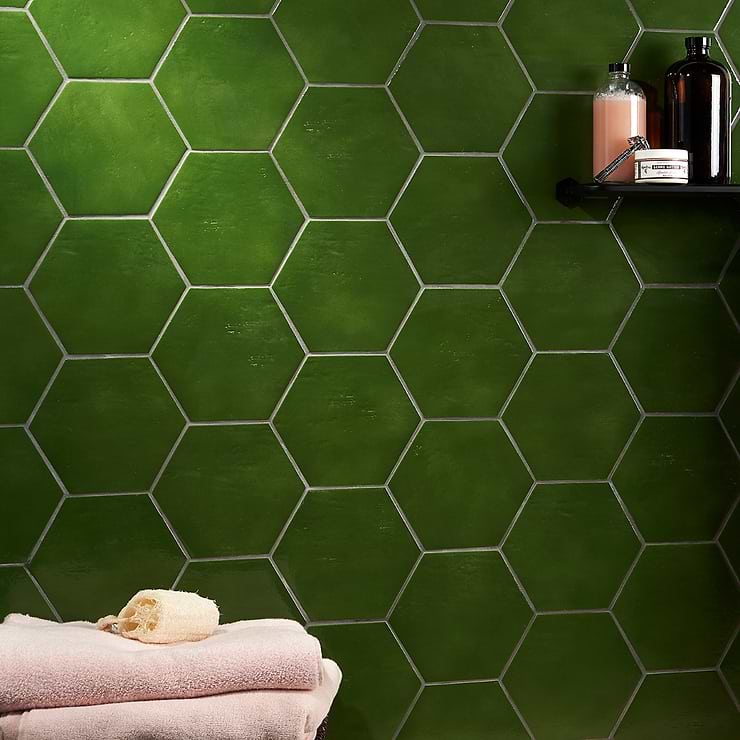 Cavallo Monaco Green 7"Hexagon Glazed Porcelain Tile; in Green Extruded Porcelain; for Backsplash, Floor Tile, Kitchen Floor, Kitchen Wall, Wall Tile, Bathroom Floor, Bathroom Wall, Shower Wall, Shower Floor, Outdoor Floor, Outdoor Wall, Commercial Floor, Pool Tile; in Style Ideas Craftsman, Cottage, Farmhouse, Mid Century, Transitional