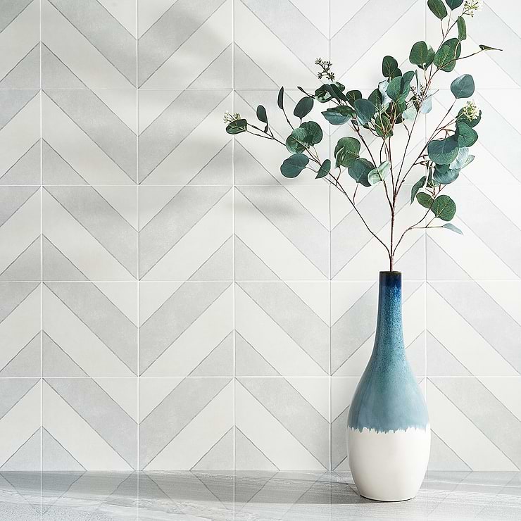 Auteur Diagonals Ash Gray 9X9 Matte Porcelain Tile: Pattern 1; in White + Light Gray  Porcelain ; for Backsplash, Floor Tile, Kitchen Floor, Kitchen Wall, Wall Tile, Bathroom Floor, Bathroom Wall, Shower Wall, Shower Floor, Outdoor Floor, Outdoor Wall, Commercial Floor; in Style Ideas Farmhouse, Mid Century