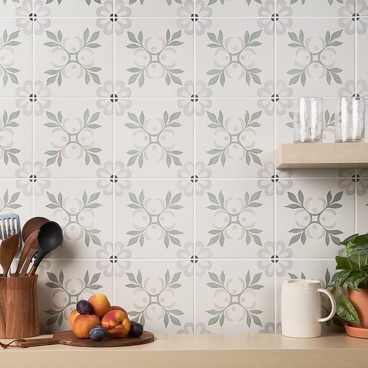 Lapaz Blossom Green 9x9 Matte Porcelain Tile; in Green, White, Gray, Beige Through Body Porcelain; for Backsplash, Floor Tile, Kitchen Floor, Kitchen Wall, Wall Tile, Bathroom Floor, Bathroom Wall, Shower Wall, Shower Floor, Outdoor Floor, Outdoor Wall, Commercial Floor, Pool Tile; in Style Ideas Beach, Farmhouse, Mediterranean, Modern, Transitional; released 2023; new, trends