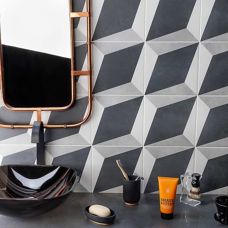 Cascais Block Gray 9x9 Matte Porcelain Tile; in Black + Gray + White  Porcelain; for Backsplash, Floor Tile, Kitchen Floor, Kitchen Wall, Wall Tile, Bathroom Floor, Bathroom Wall, Shower Wall, Shower Floor, Outdoor Floor, Outdoor Wall, Commercial Floor; in Style Ideas Mid Century