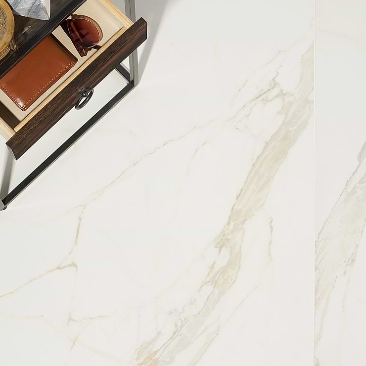 Versilia Calacatta Oro White 32X32 Polished Porcelain Tile; in White w/ Gray & Gold Veins Porcelain; for Backsplash, Floor Tile, Kitchen Floor, Kitchen Wall, Wall Tile, Bathroom Floor, Bathroom Wall, Shower Wall, Outdoor Wall, Commercial Floor; in Style Ideas Art Deco, Craftsman, Contemporary, Modern