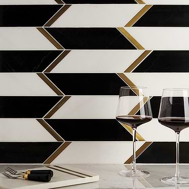 Fitz Classic Black & White Polished Marble & Brass Mosaic - Sample