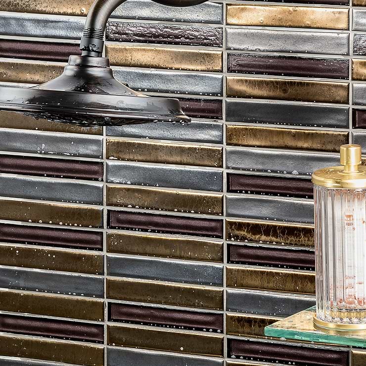 Noble Midnight Multicolor 1x6 Brick Ceramic & Glass Mosaic; in Gold + Silver + Brown  Ceramic + Glass; for Backsplash, Bathroom Wall, Kitchen Wall, Shower Wall, Wall Tile; in Style Ideas Art Deco, Craftsman, Mid Century