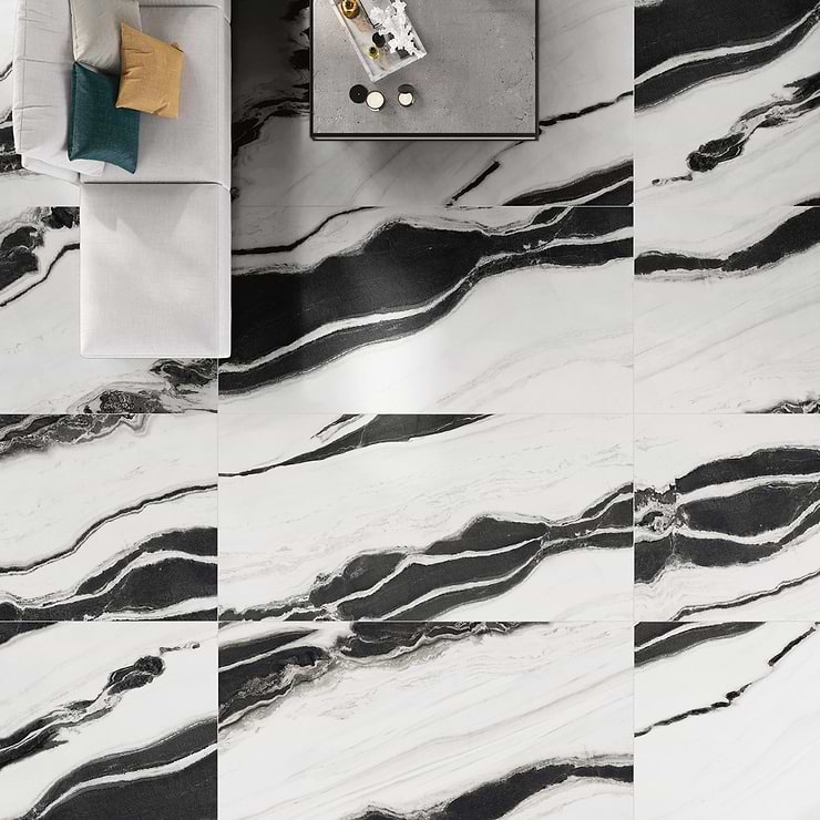 Drama Waves Black & White 24x48 Polished Porcelain Tile; in Black, White Porcelain; for Backsplash, Bathroom Floor, Bathroom Wall, Commercial Floor, Floor Tile, Kitchen Floor, Kitchen Wall, Outdoor Wall, Shower Wall, Wall Tile; in Style Ideas Art Deco, Traditional, Transitional, Whimsical; released 2024; new, trends