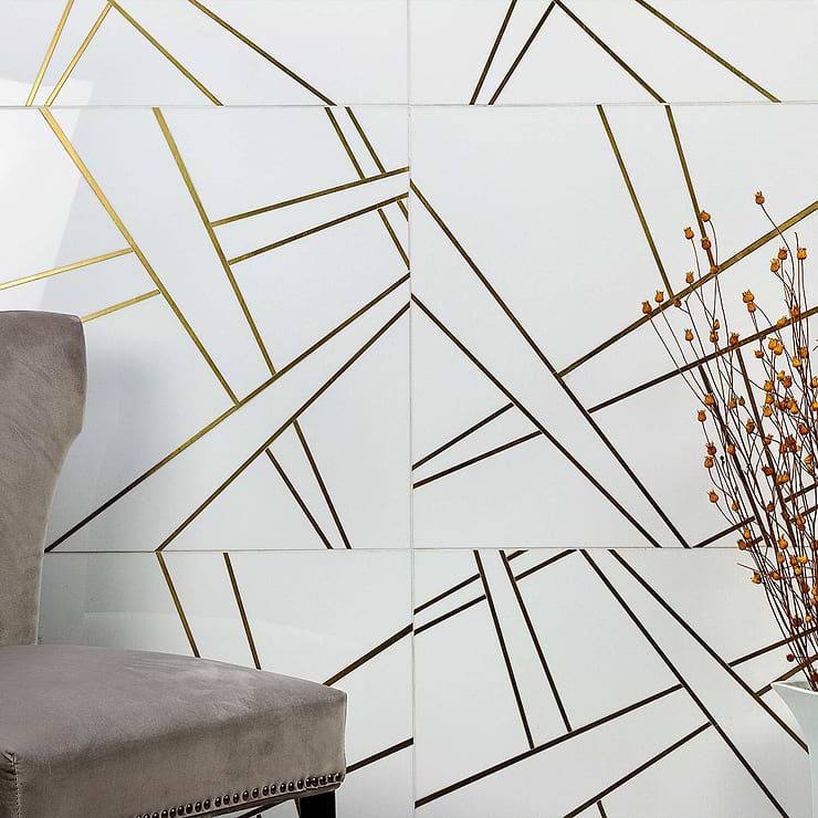 Empire White & Gold 24x24 Polished Nanoglass & Brass Mosaic; in White & Brass Marble backed by porcelain + Brass; for Backsplash, Floor Tile, Kitchen Floor, Kitchen Wall, Wall Tile, Bathroom Floor, Bathroom Wall, Shower Wall, Commercial Floor; in Style Ideas Art Deco, Contemporary, Modern, Transitional