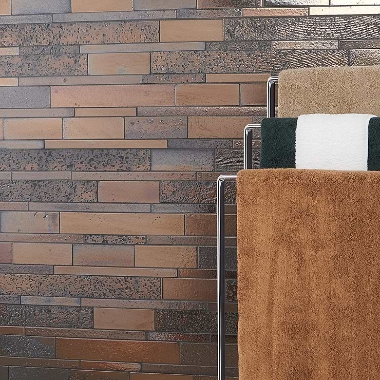 Magma Ledger Bronze Polished Lava Stone Mosaic; in Bronze Lava Stone; for Backsplash, Floor Tile, Kitchen Floor, Kitchen Wall, Wall Tile, Bathroom Floor, Bathroom Wall, Shower Wall, Shower Floor, Outdoor Floor, Outdoor Wall, Commercial Floor, Pool Tile; in Style Ideas Art Deco, Contemporary, Industrial