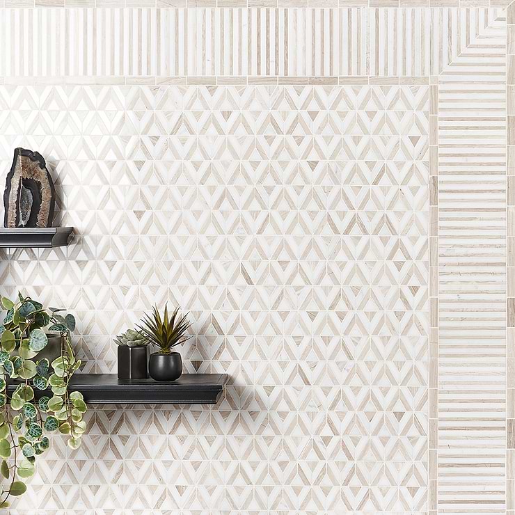 Monroe Triangle Beige Polished Asian Statuary Marble Mosaic; in Beige + White  Marble ; for Backsplash, Floor Tile, Kitchen Floor, Kitchen Wall, Wall Tile, Bathroom Floor, Bathroom Wall, Shower Wall, Shower Floor, Outdoor Floor, Outdoor Wall, Commercial Floor, Pool Tile; in Style Ideas Art Deco, Mid Century, Modern