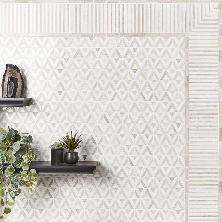 Monroe Corner Asian Statuary and Wooden Beige 8x8 Marble Mosaic Tile,  Polished